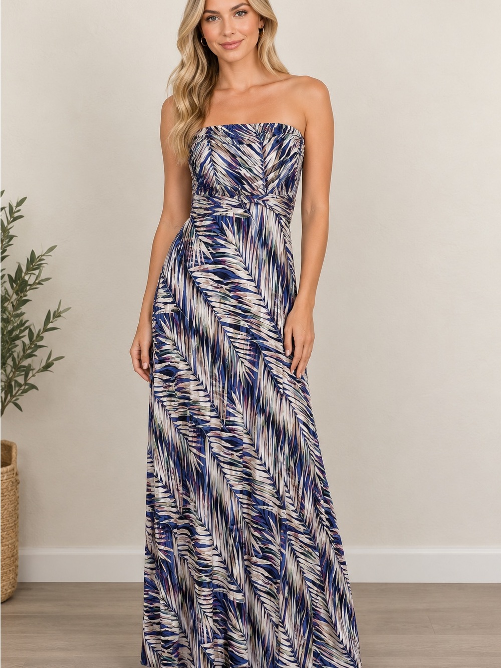 Banana Republic Strapless Maxi Dress in Navy, Cream & Pink Palm Print